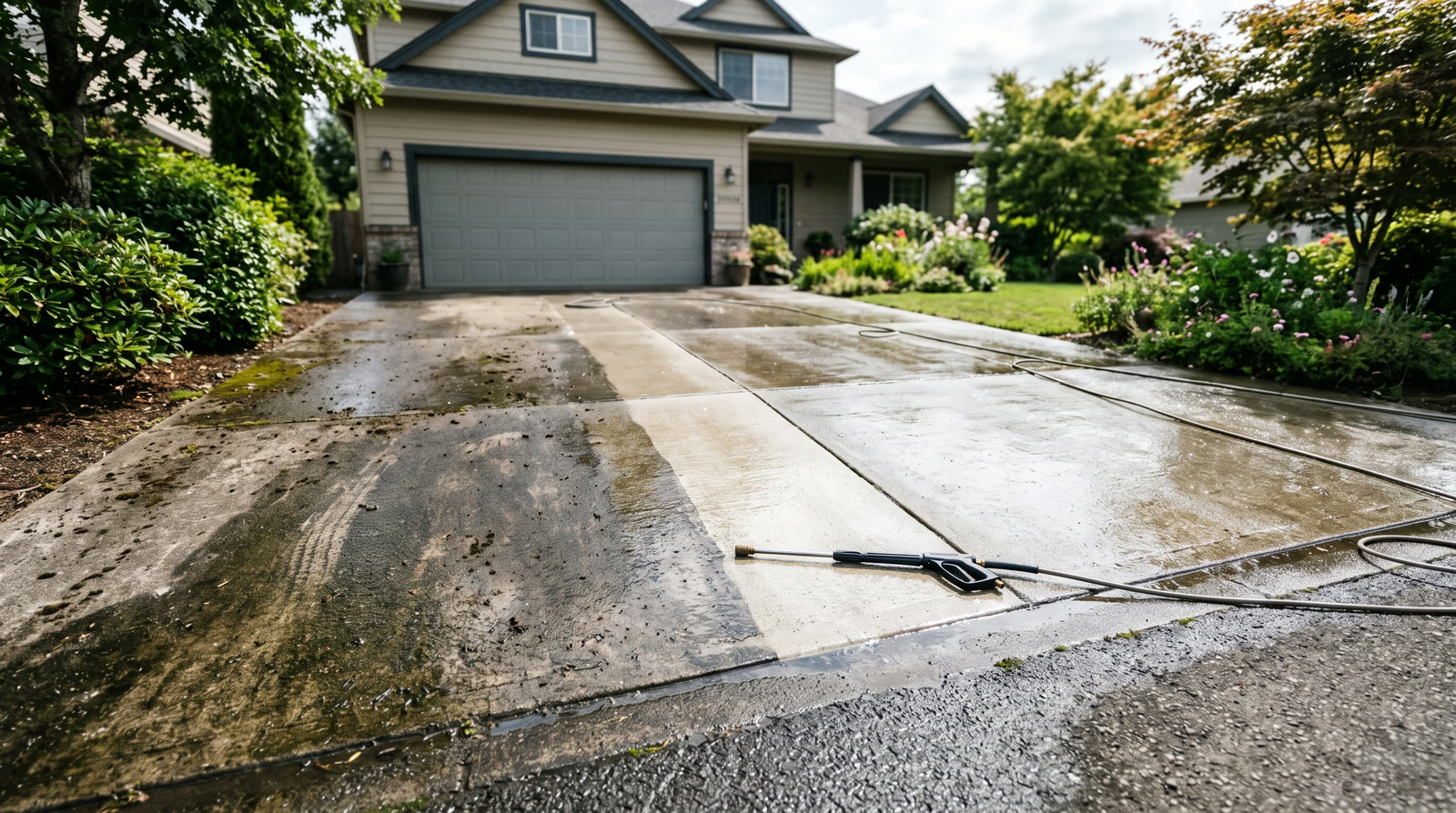 Residential driveway mid pressure-wash, a bright clean stripe cutting through years of grime