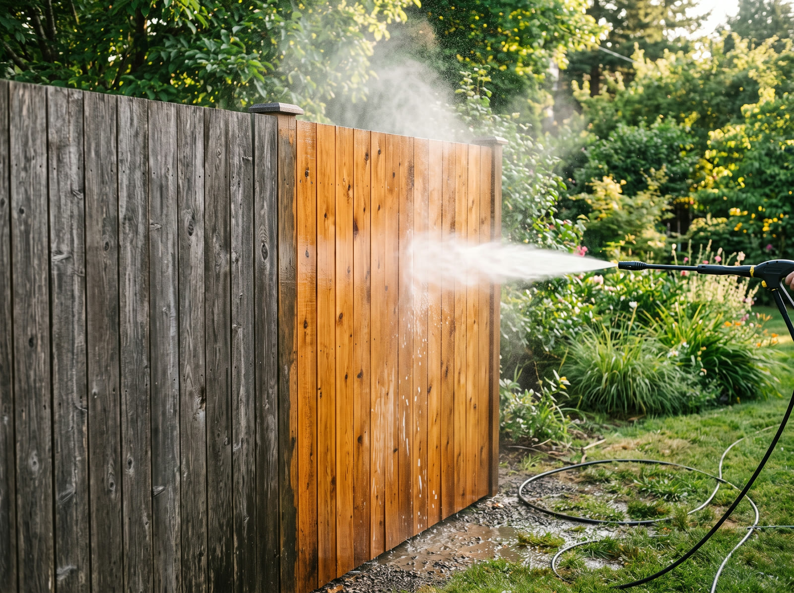 Wooden fence half cleaned by soft washing, the fresh side clearly brighter