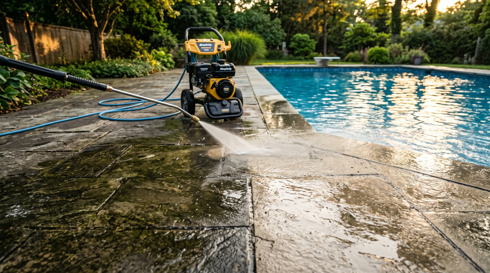 Pool deck being pressure washed back to a clean, even finish