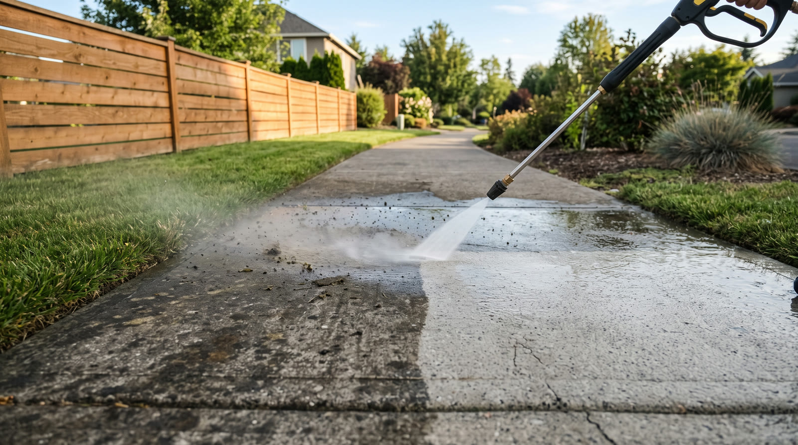 Sidewalk mid-clean, a bright washed path running beside the untouched dirty concrete