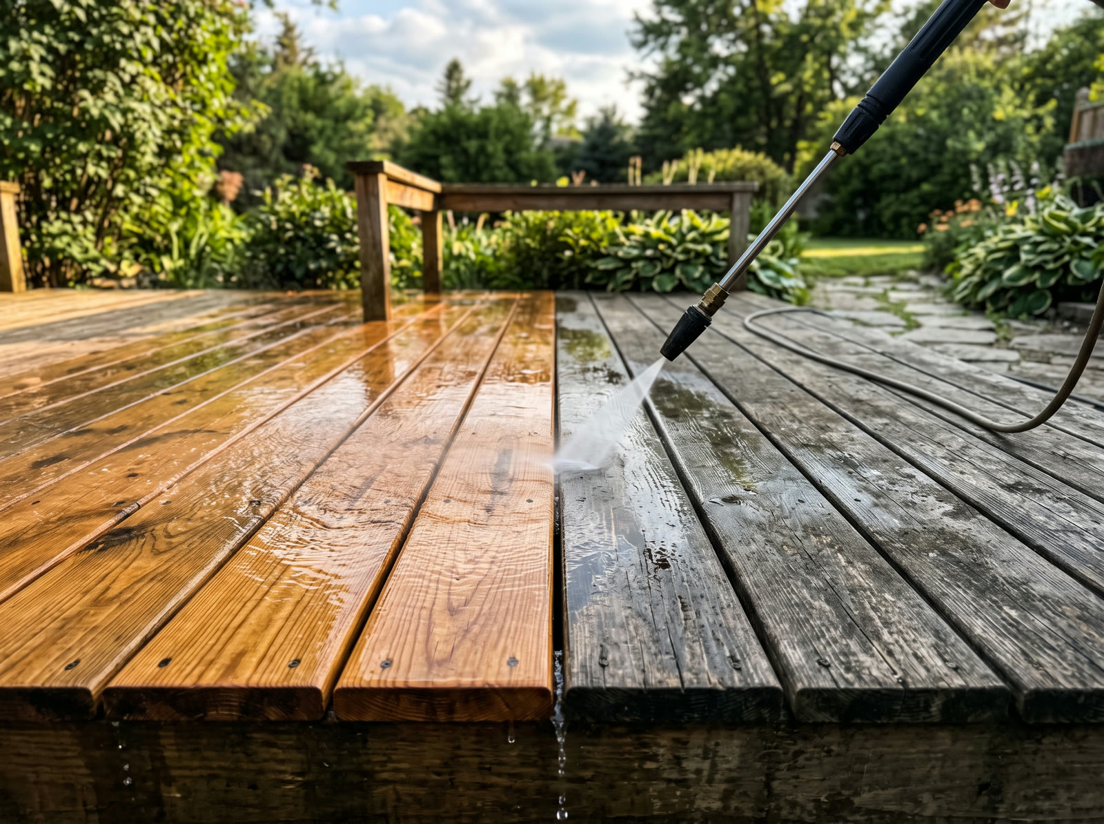 Wooden backyard deck half restored, the soft-washed section clearly cleaner than the weathered side