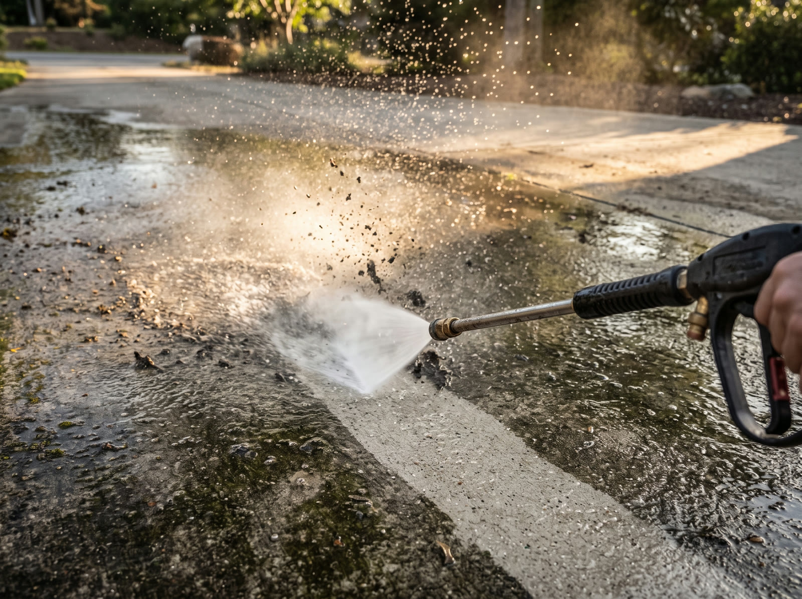 Pressure washer cutting a clean stripe across a grimy concrete driveway
