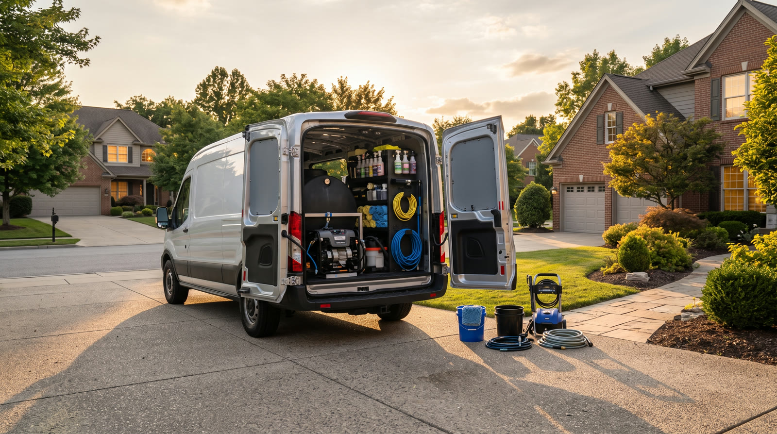 M1 mobile detailing van with its own water tank and gear, parked at a home