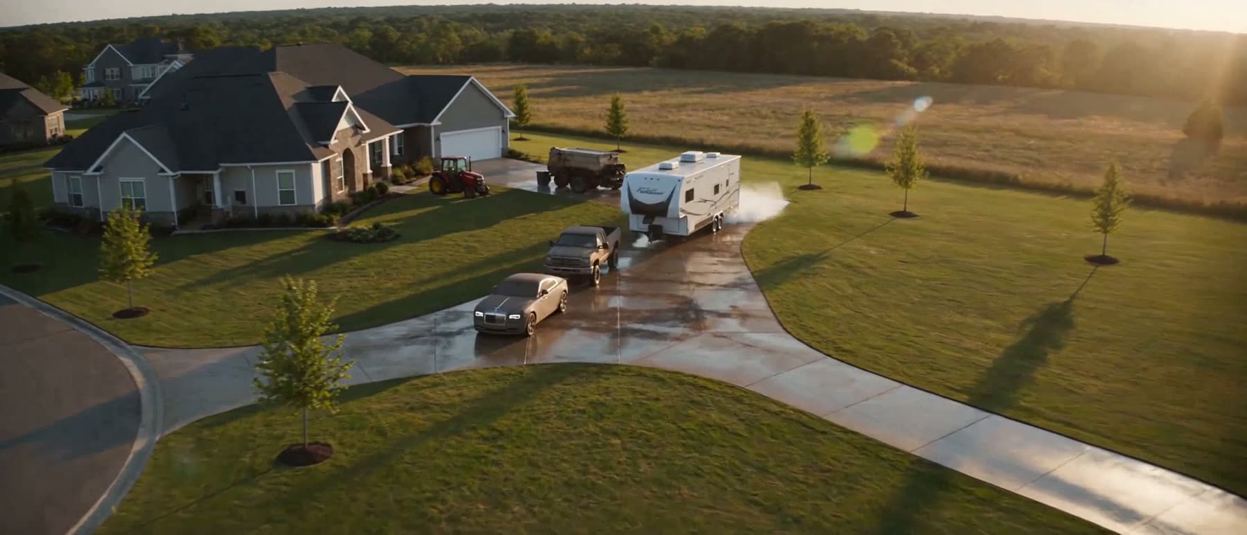 Aerial view of a freshly detailed vehicle glowing at golden hour in Central Texas